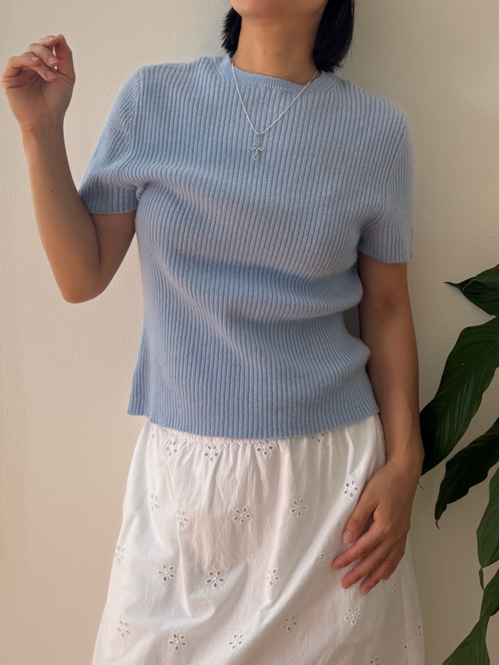 House Of Harlow 1960 100% Cashmere Ribbed Short Sleeve Light Blue Sweater Size L